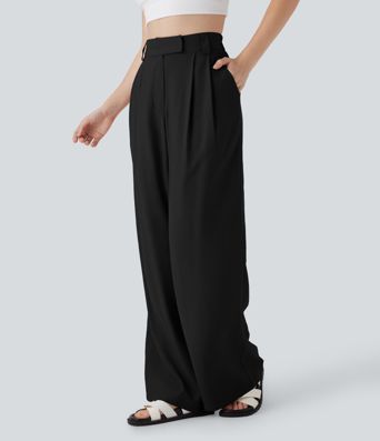 Mid Rise Wide Leg Casual Linen-Feel Pants with Pockets