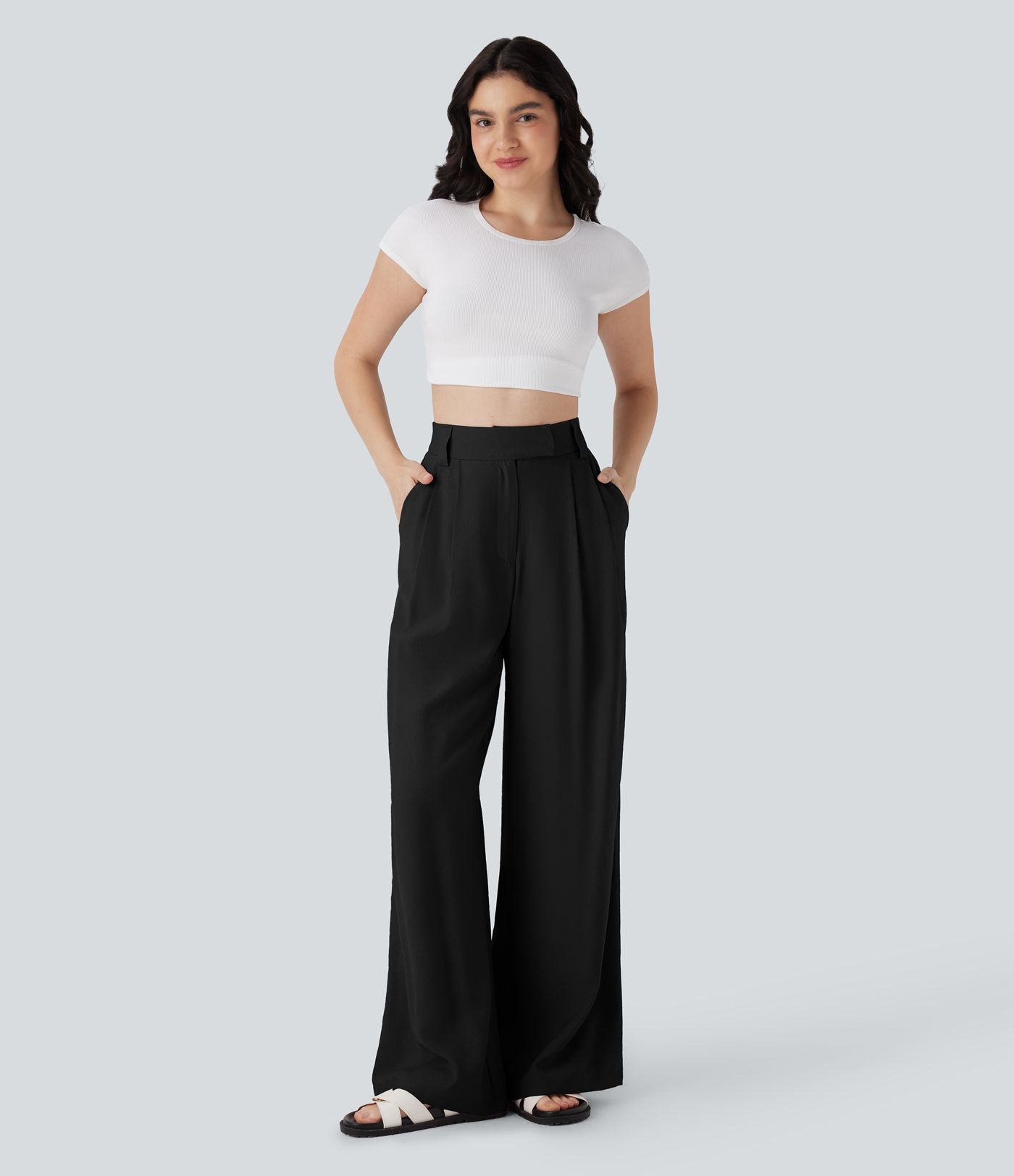 Mid Rise Wide Leg Casual Linen-Feel Pants with Pockets