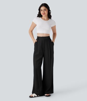 Mid Rise Wide Leg Casual Linen-Feel Pants with Pockets