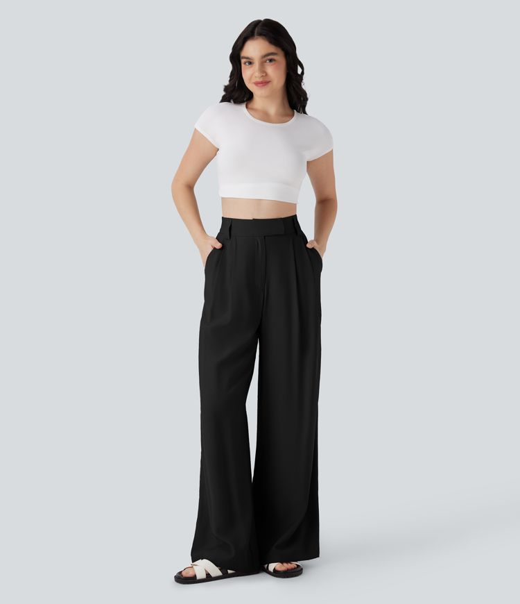 Mid Rise Wide Leg Casual Linen-Feel Pants with Pockets