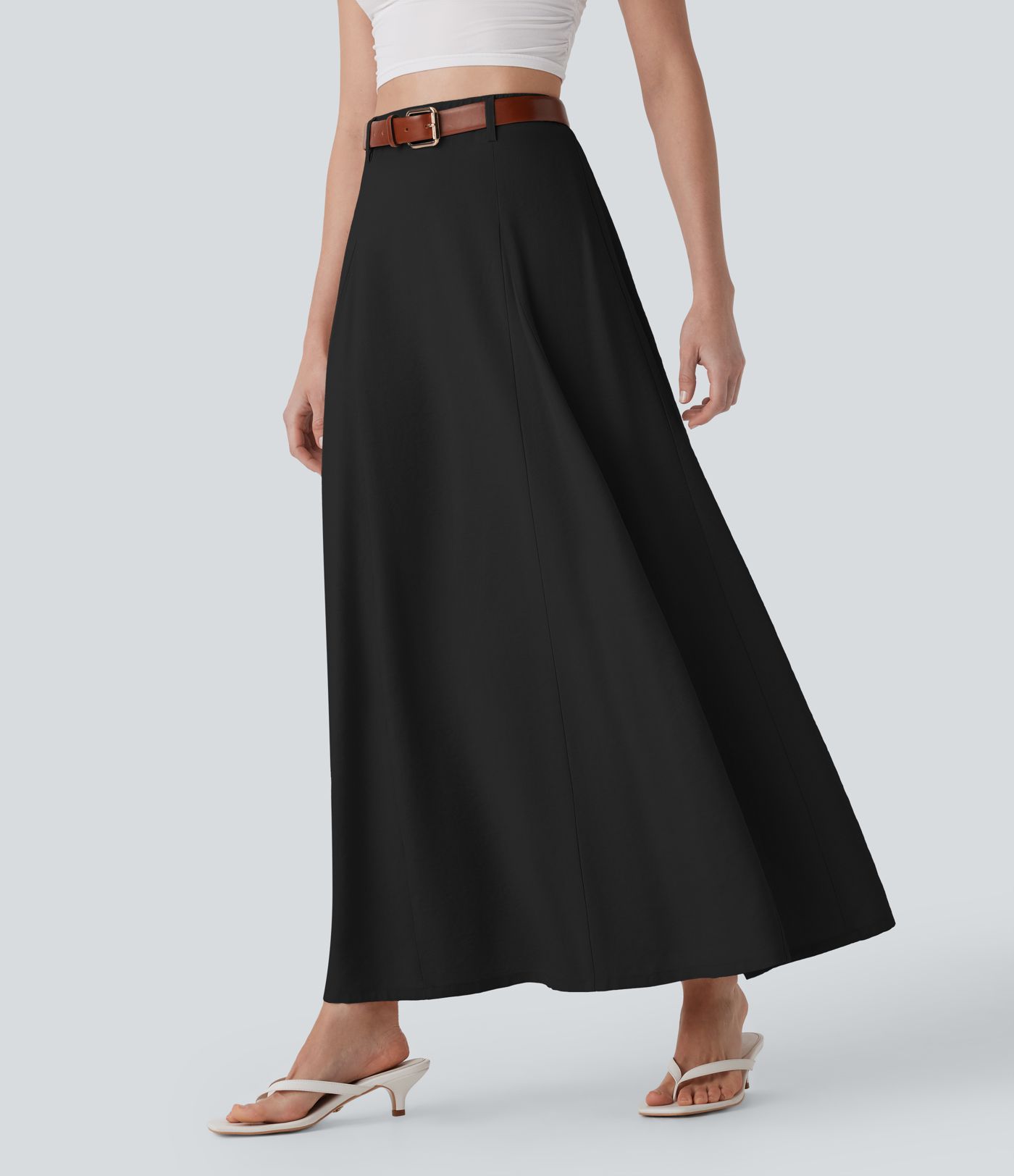 High Waisted Maxi Casual Linen-Feel Flare Skirt