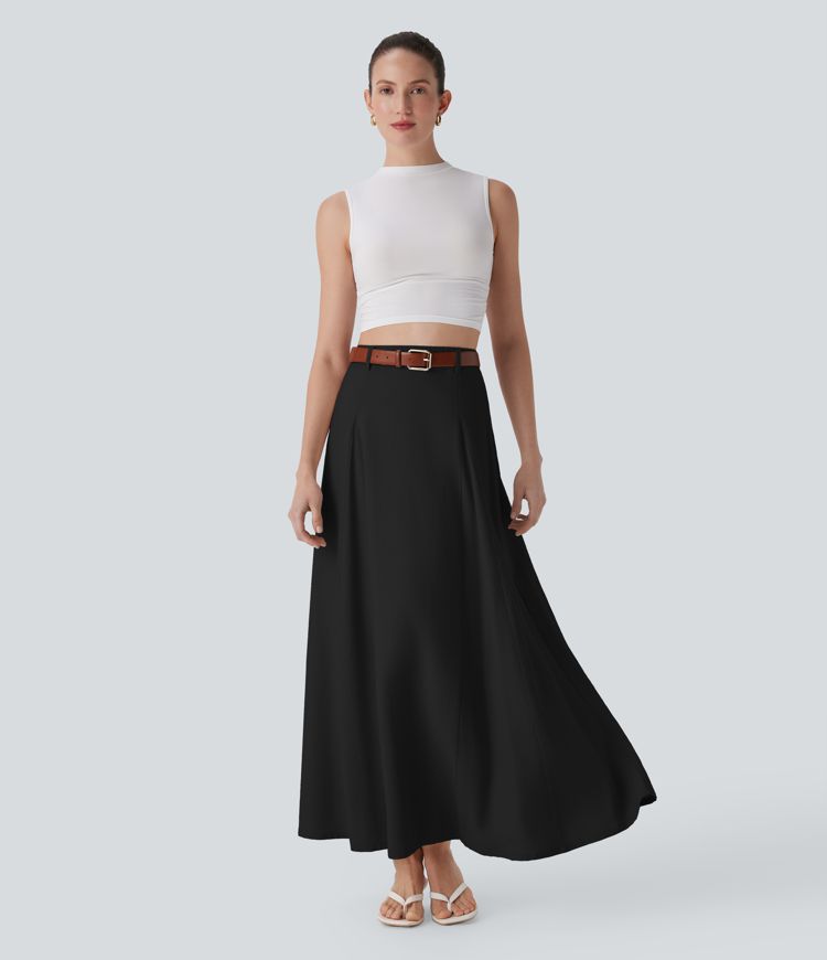 High Waisted Maxi Casual Linen-Feel Flare Skirt