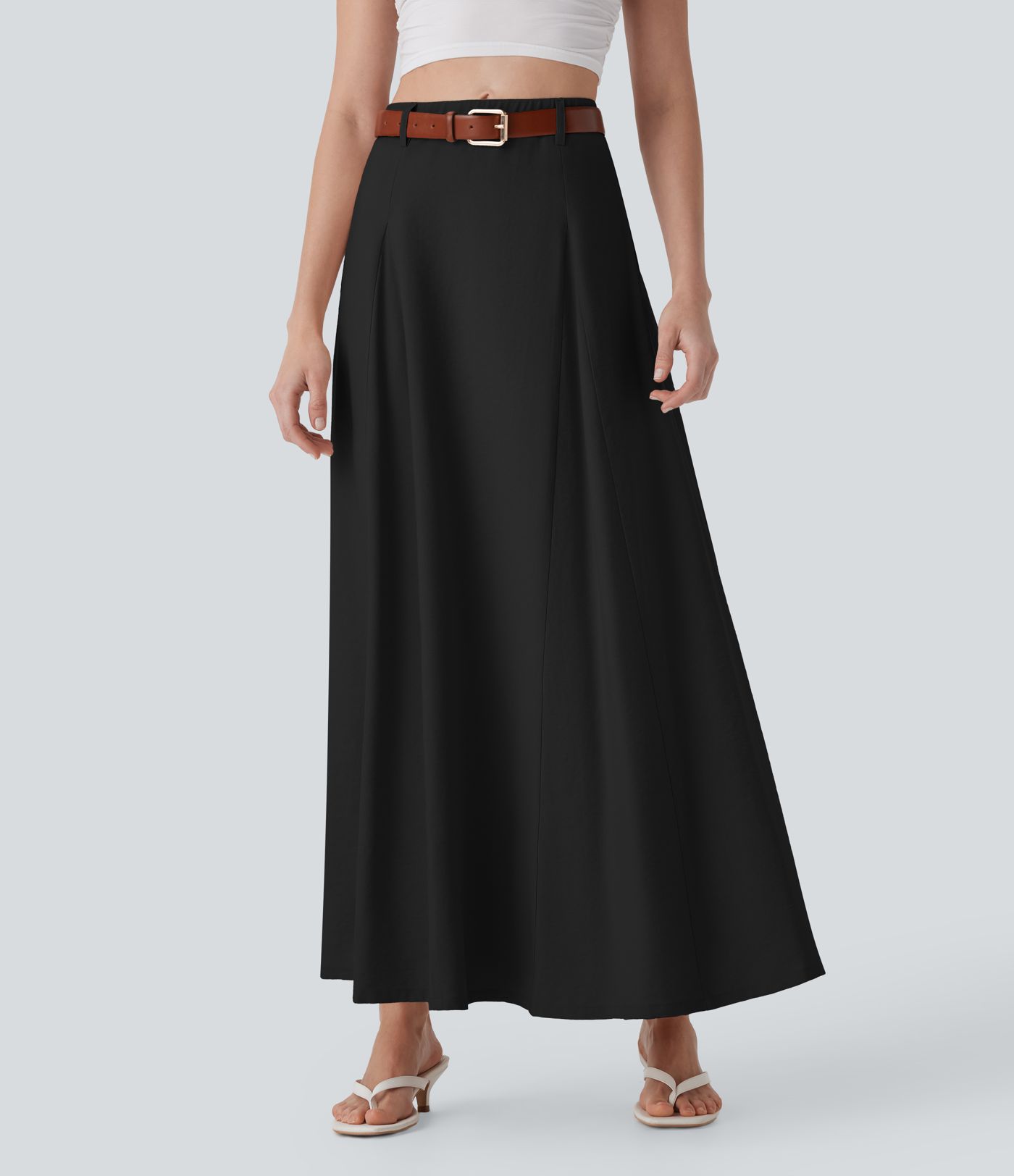 High Waisted Maxi Casual Linen-Feel Flare Skirt