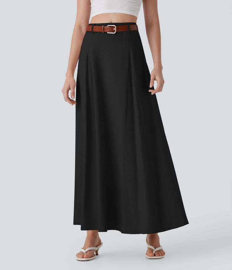 High Waisted Maxi Casual Linen-Feel Flare Skirt
