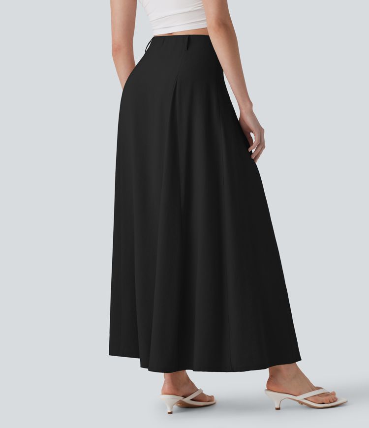 High Waisted Maxi Casual Linen-Feel Flare Skirt
