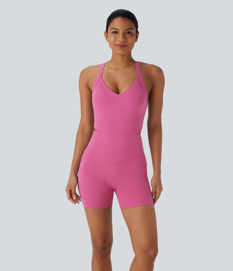 Halara UltraSculpt™ SoCinched Backless Twisted Tummy Control Training Romper with Side Pockets-Easy Peezy Edition