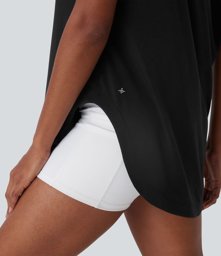 One Shoulder Short Sleeve Curved Hem High Low Quick Dry Yoga Sports Top