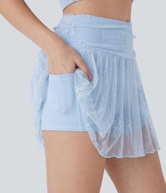 Mid High Waisted 2-in-1 Pocket Lace Mini Skirt