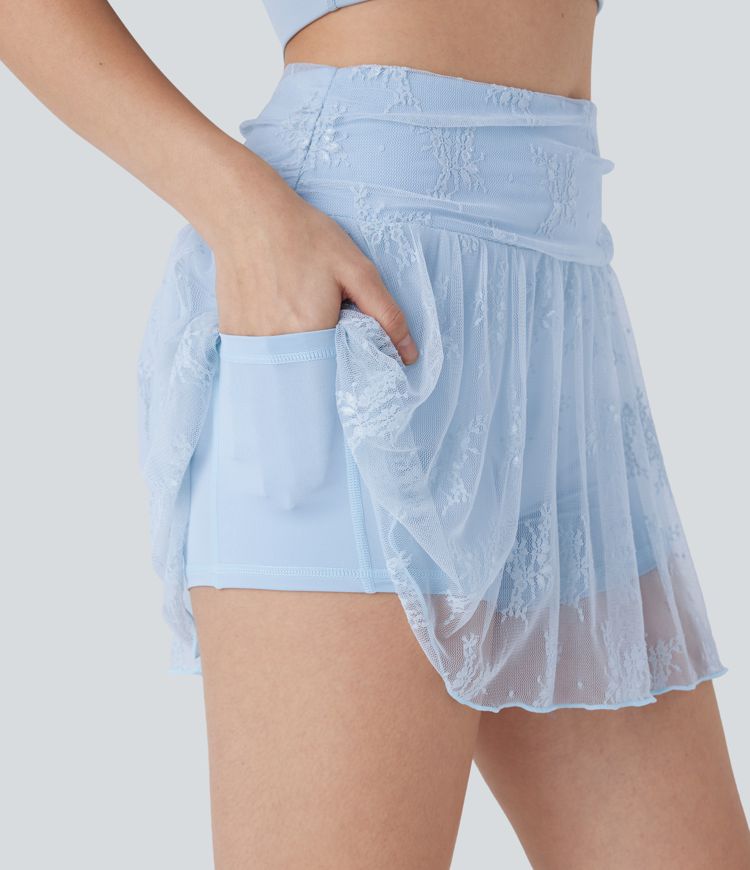 Mid High Waisted 2-in-1 Pocket Lace Mini Skirt