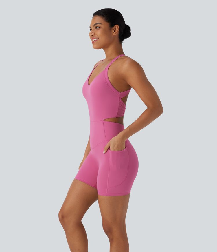 Halara UltraSculpt™ SoCinched Backless Twisted Tummy Control Training Romper with Side Pockets-Easy Peezy Edition