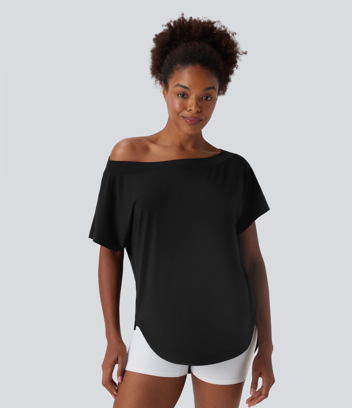 One Shoulder Short Sleeve Curved Hem High Low Quick Dry Yoga Sports Top