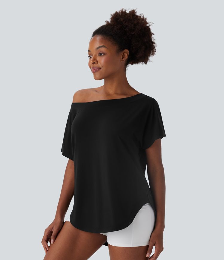 One Shoulder Short Sleeve Curved Hem High Low Quick Dry Yoga Sports Top