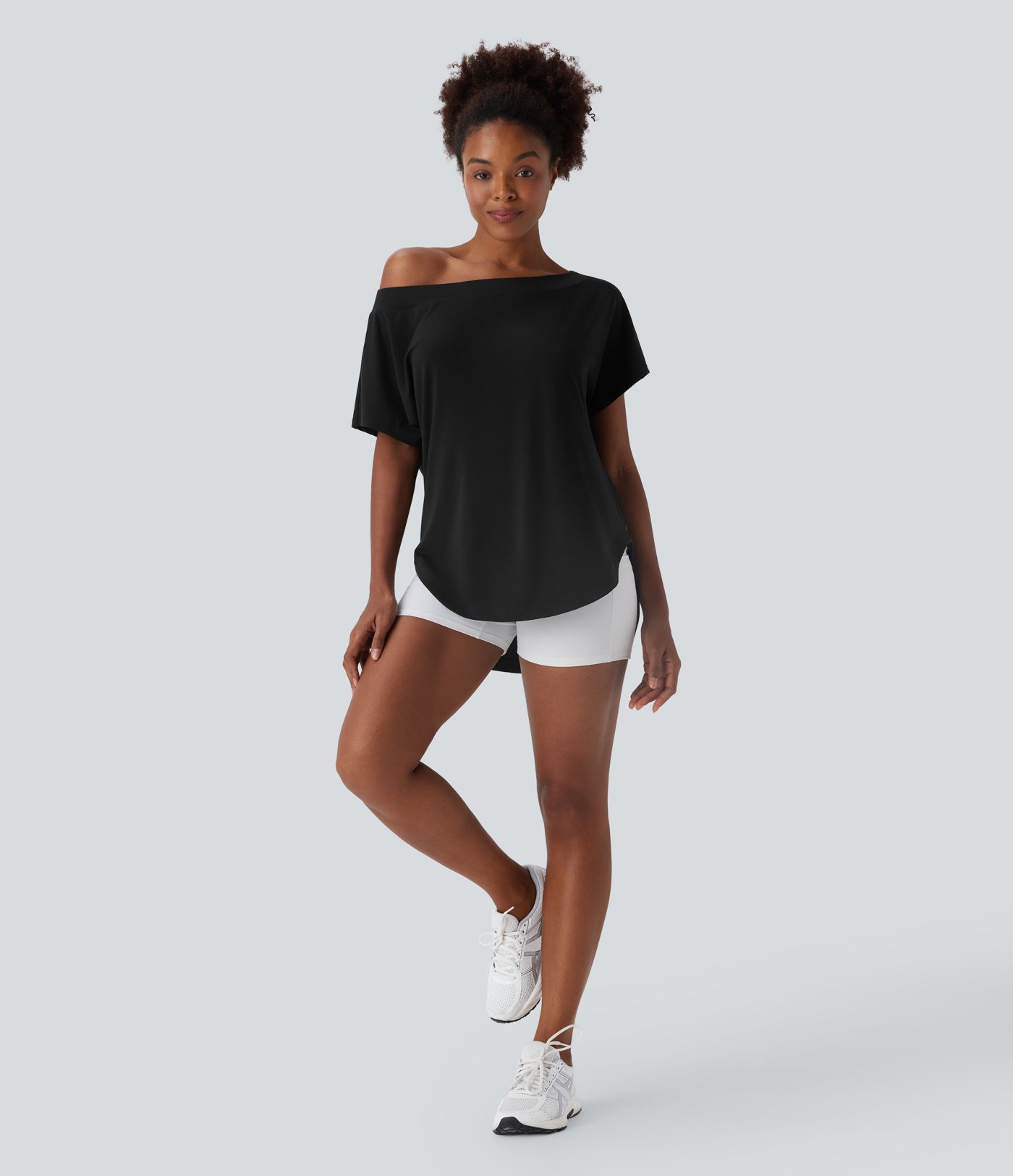 One Shoulder Short Sleeve Curved Hem High Low Quick Dry Yoga Sports Top