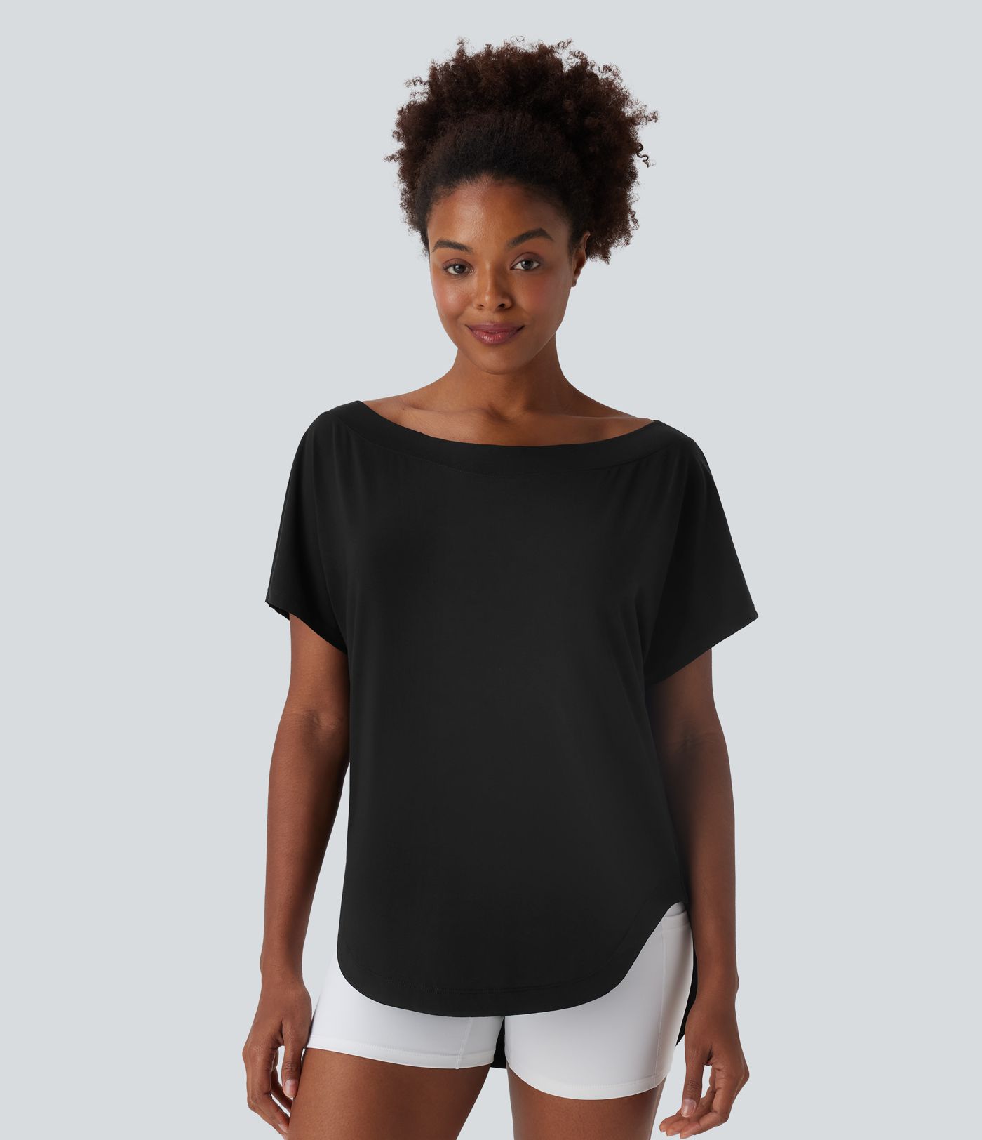 One Shoulder Short Sleeve Curved Hem High Low Quick Dry Yoga Sports Top