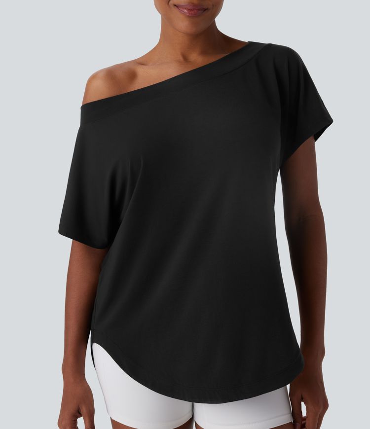 One Shoulder Short Sleeve Curved Hem High Low Quick Dry Yoga Sports Top