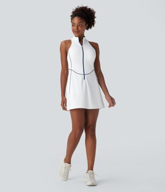 Softlyzero™ QuickDry ärmelloses Mini-Golf-Aktivkleid mit halbem Reißverschluss und Seitentaschen – Golf-Tee