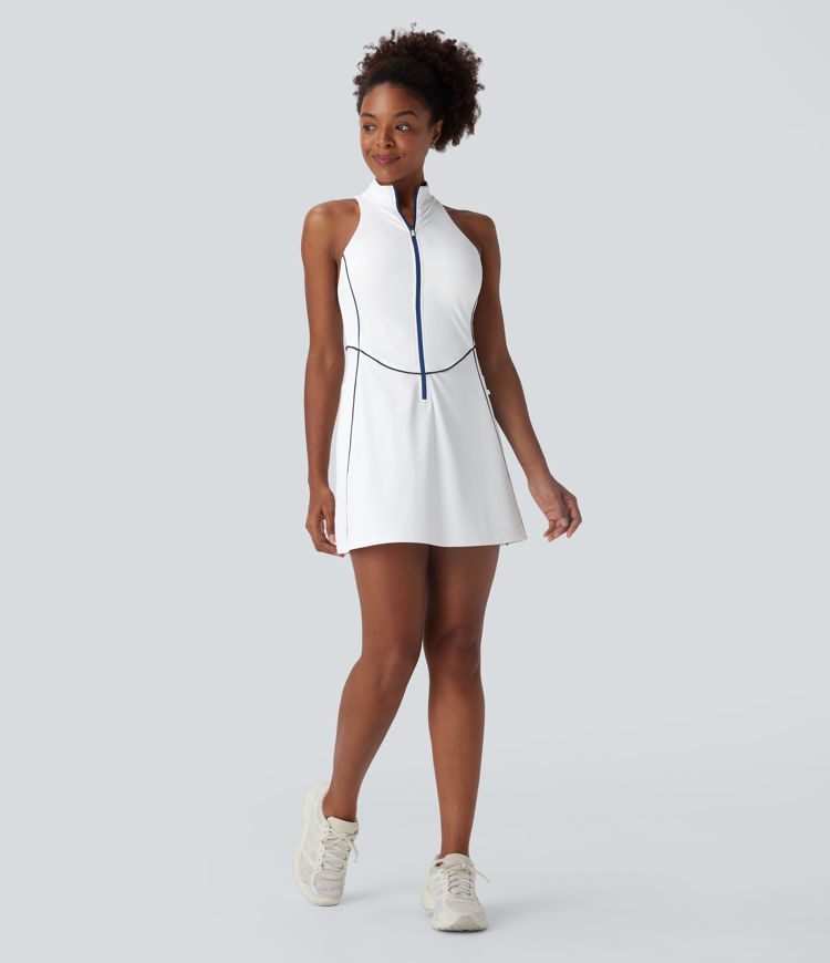 Softlyzero™ QuickDry ärmelloses Mini-Golf-Aktivkleid mit halbem Reißverschluss und Seitentaschen – Golf-Tee