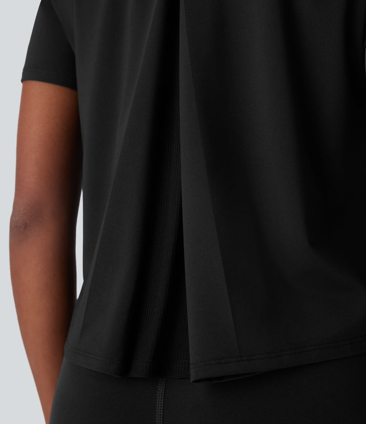 Round Neck Short Sleeve Contrast Mesh Yoga Sports Top