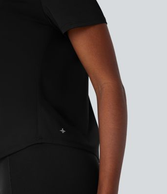 Round Neck Short Sleeve Contrast Mesh Yoga Sports Top
