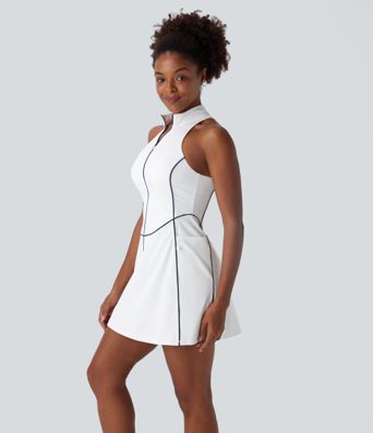 Softlyzero™ QuickDry ärmelloses Mini-Golf-Aktivkleid mit halbem Reißverschluss und Seitentaschen – Golf-Tee