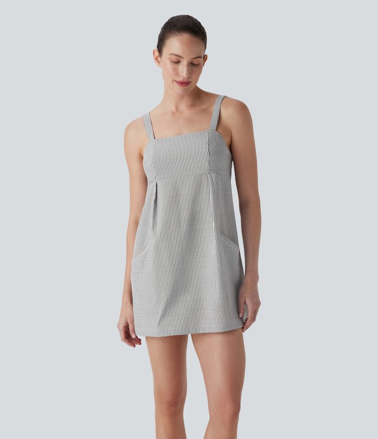 Vestido mini de playa a rayas con espalda descubierta y bolsillos