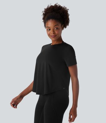 Round Neck Short Sleeve Contrast Mesh Yoga Sports Top