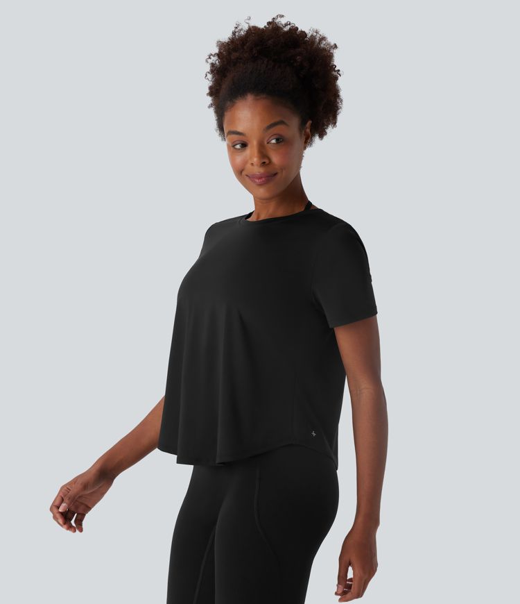 Round Neck Short Sleeve Contrast Mesh Yoga Sports Top