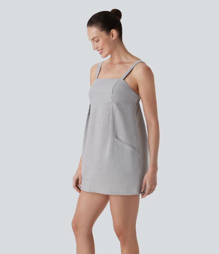 Vestido mini de playa a rayas con espalda descubierta y bolsillos