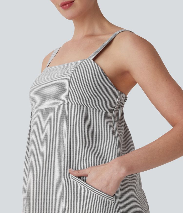 Vestido mini de playa a rayas con espalda descubierta y bolsillos