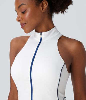 Softlyzero™ QuickDry ärmelloses Mini-Golf-Aktivkleid mit halbem Reißverschluss und Seitentaschen – Golf-Tee