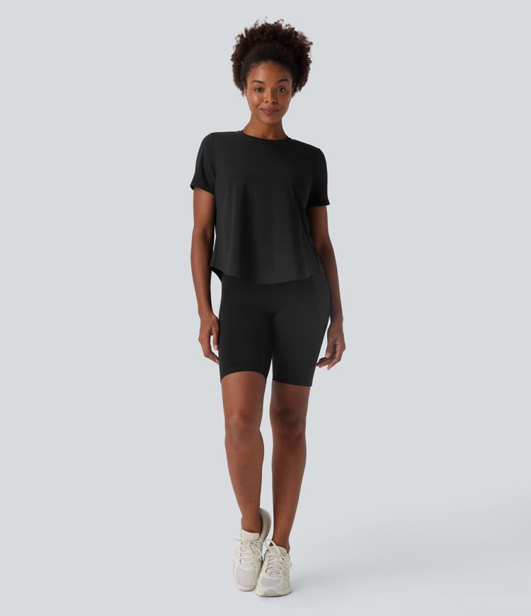 Round Neck Short Sleeve Contrast Mesh Yoga Sports Top