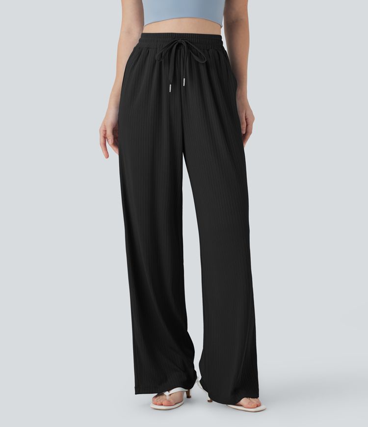 Ribbed Knit High Waisted Drawstring Straight Leg Casual Pants with Pockets
