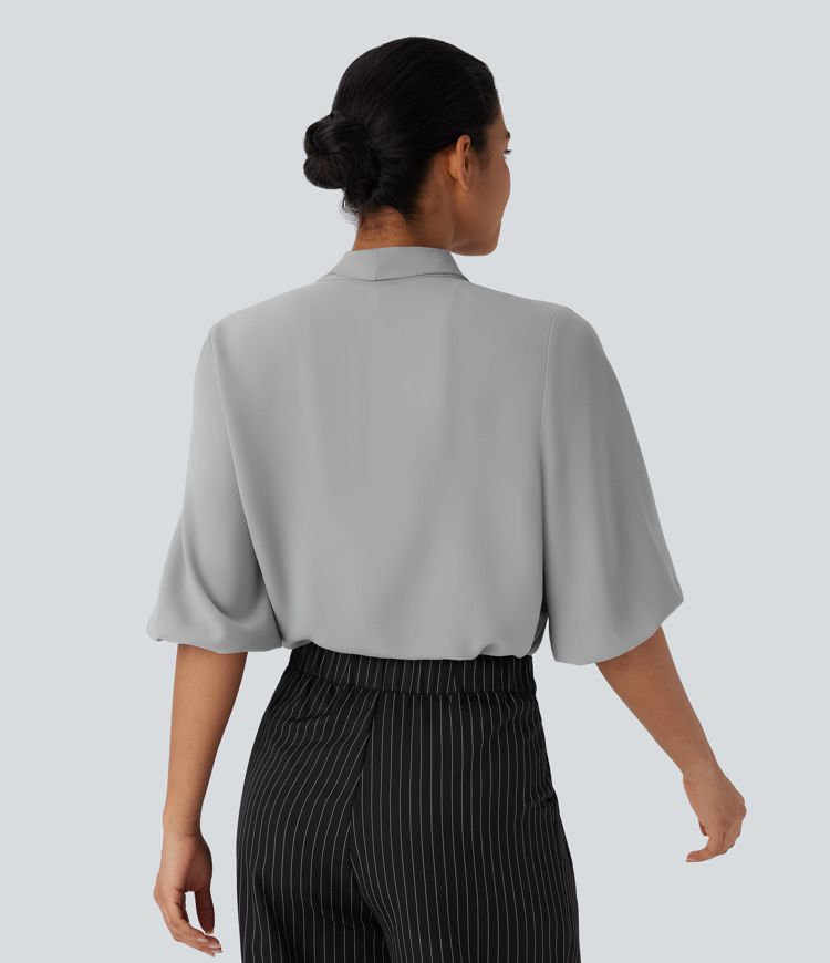 V Neck Tie Front 3/4 Sleeve Work Shirt