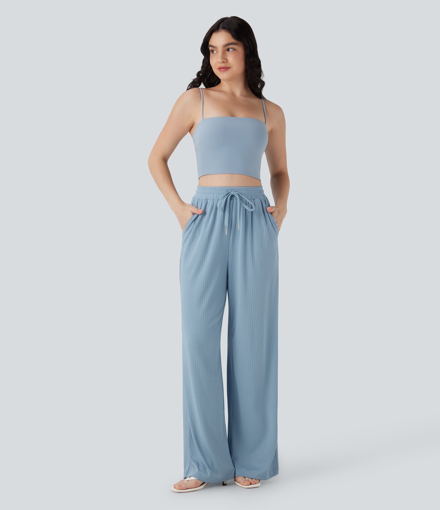 Ribbed Knit High Waisted Drawstring Straight Leg Casual Pants with Pockets