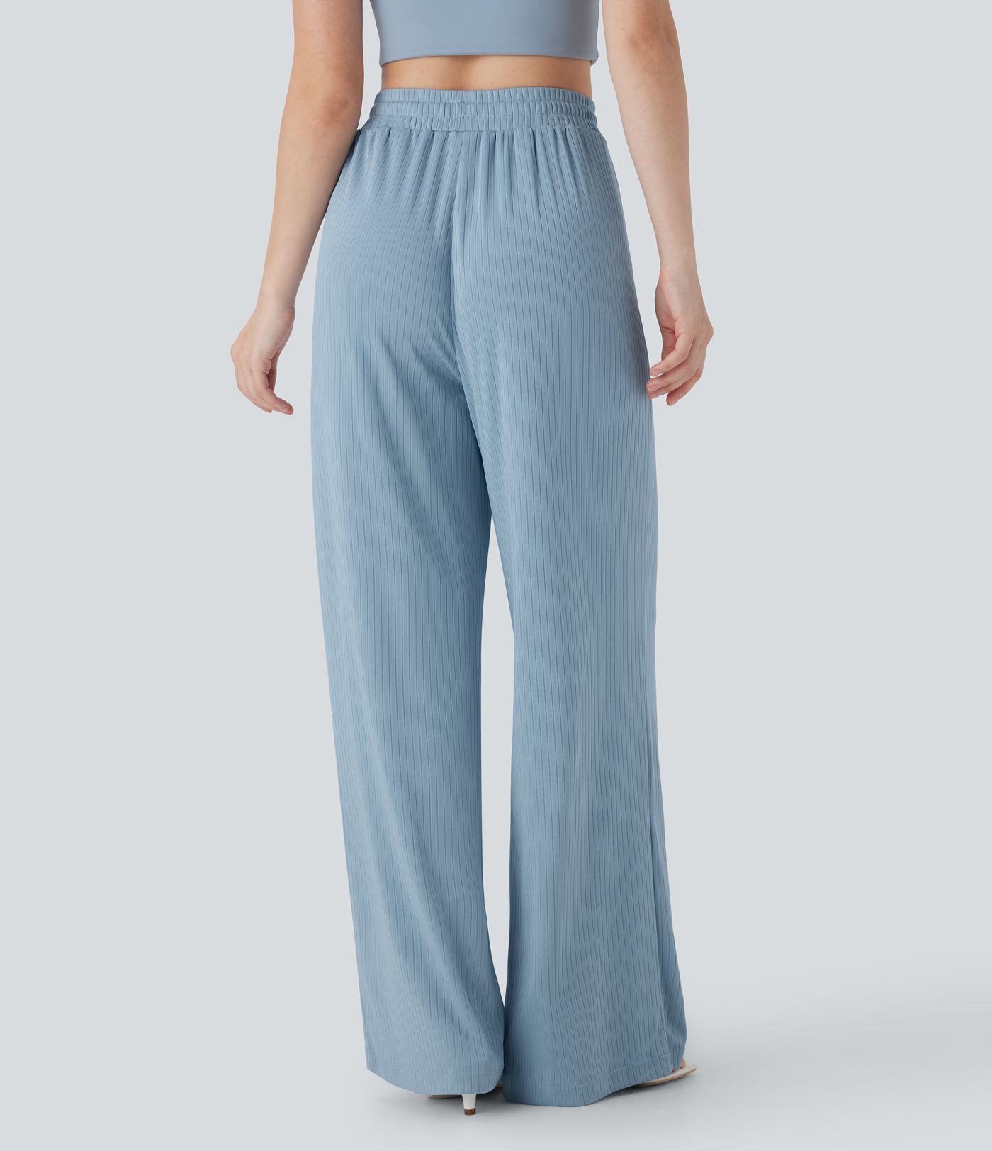 Ribbed Knit High Waisted Drawstring Straight Leg Casual Pants with Pockets