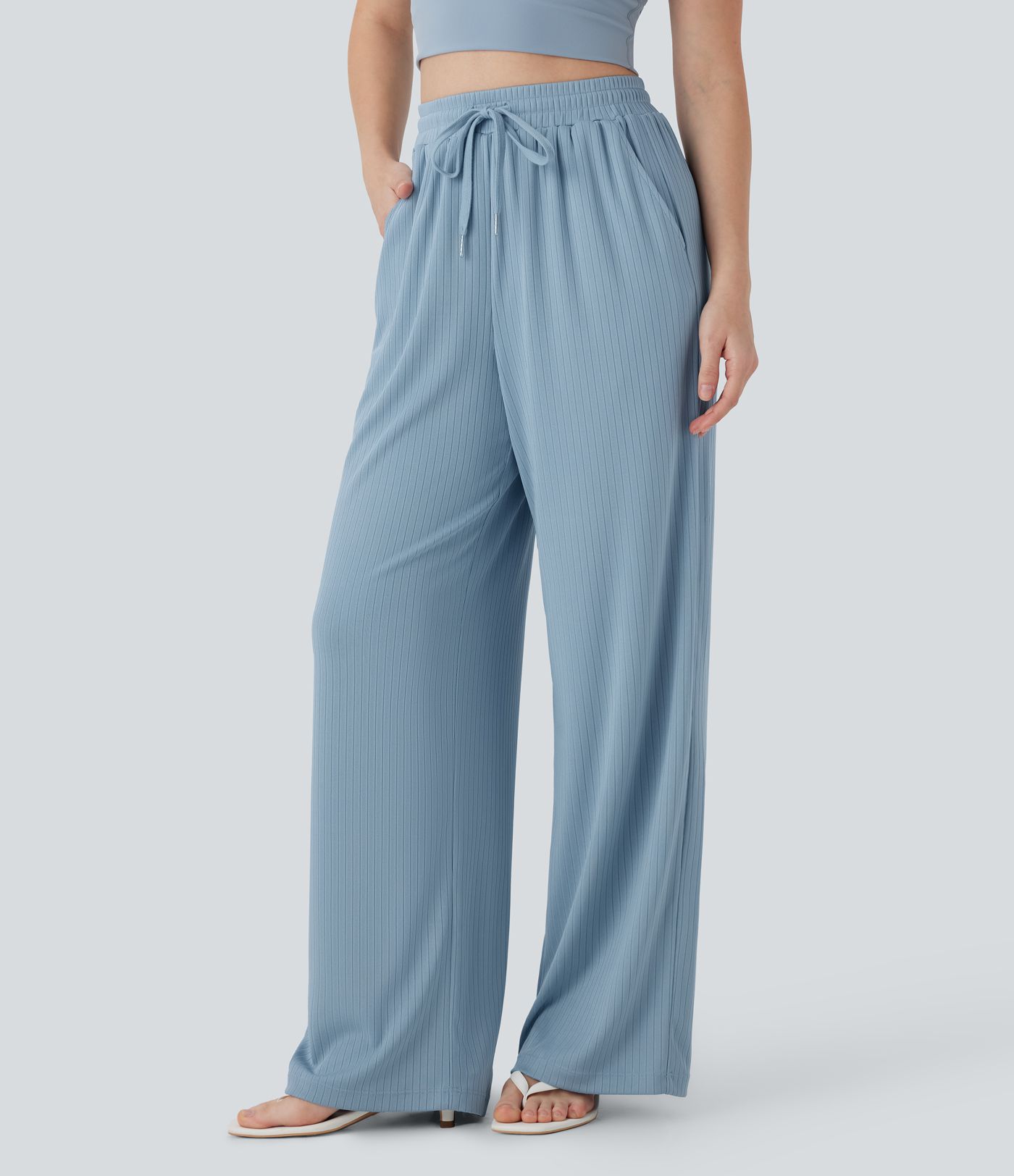 Ribbed Knit High Waisted Drawstring Straight Leg Casual Pants with Pockets