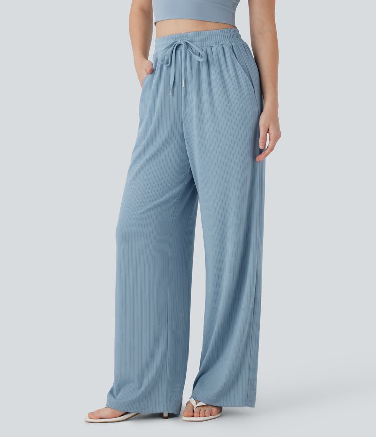 Ribbed Knit High Waisted Drawstring Straight Leg Casual Pants with Pockets