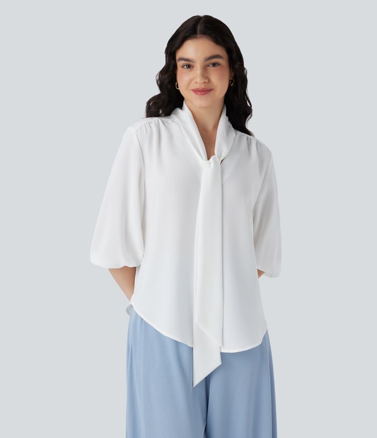 Camisa de oficina con cuello en V y lazo frontal de mangas 3/4