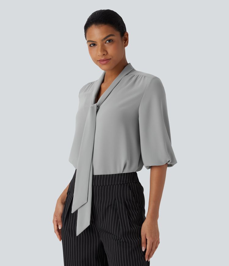 V Neck Tie Front 3/4 Sleeve Work Shirt