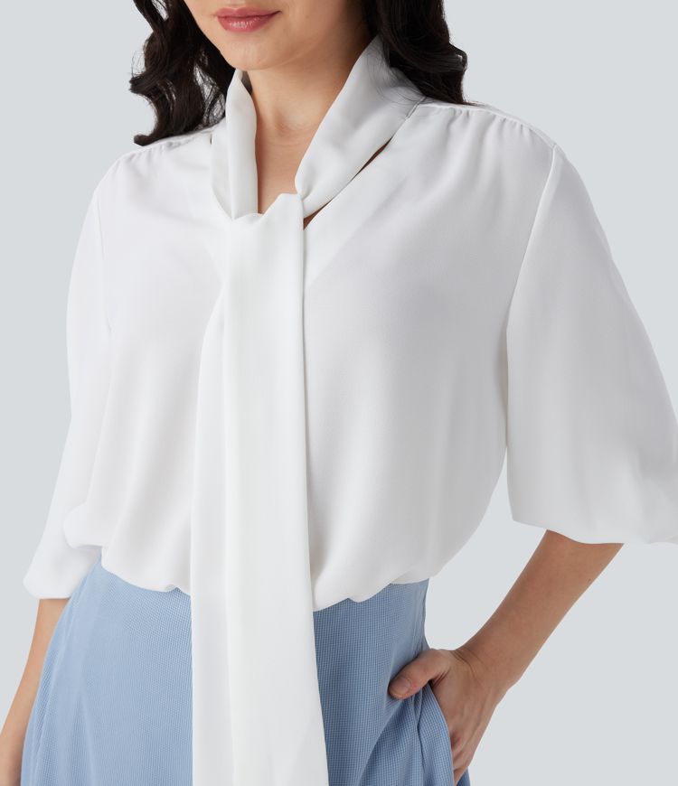 Camisa de oficina con cuello en V y lazo frontal de mangas 3/4