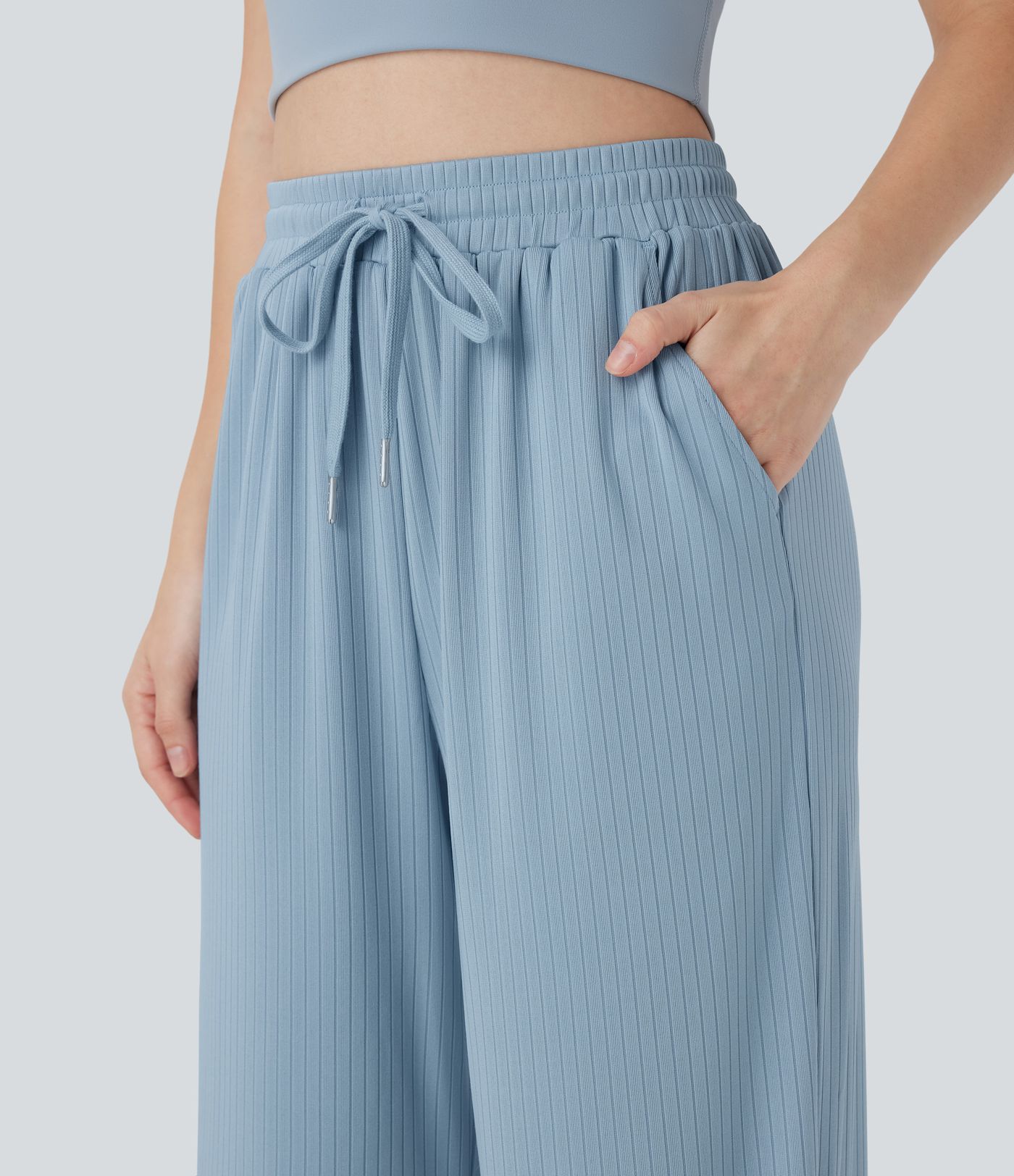 Ribbed Knit High Waisted Drawstring Straight Leg Casual Pants with Pockets