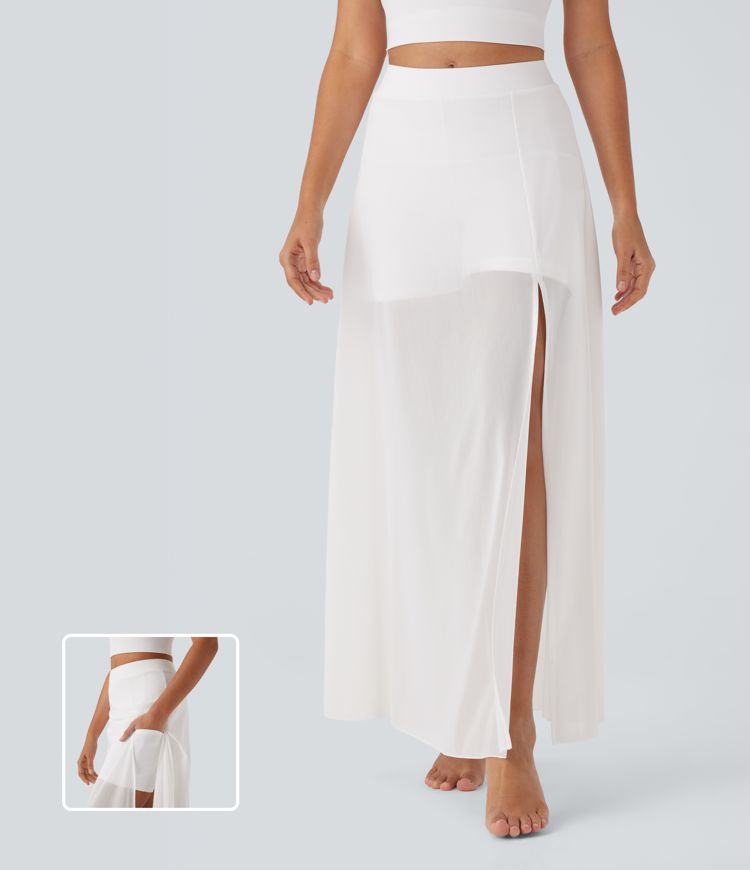 Jupe de danse maxi 2-en-1 à taille mi-haute, fente et poches latérales
