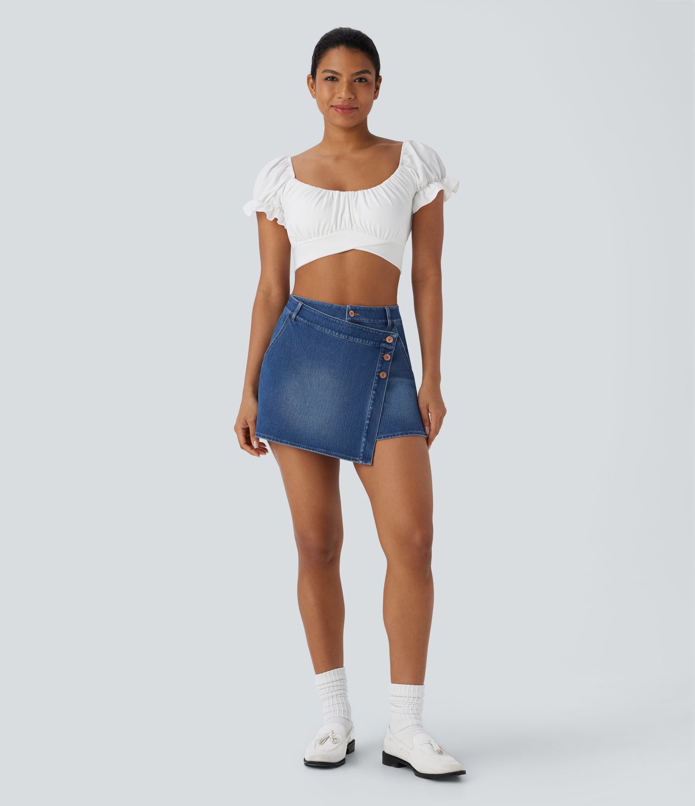 Halara Flex™ High Waisted Pockets Wrapped Washed Denim Casual Skort
