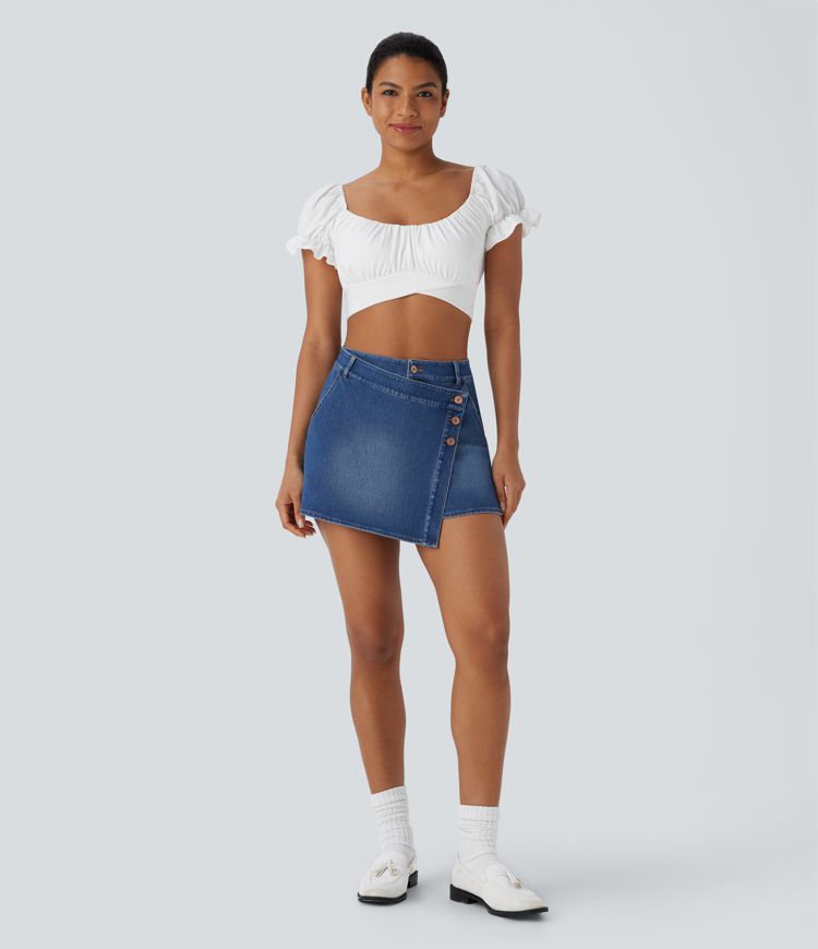 Halara Flex™ High Waisted Pockets Wrapped Washed Denim Casual Skort