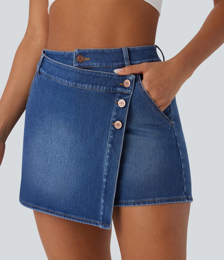 Halara Flex™ High Waisted Pockets Wrapped Washed Denim Casual Skort