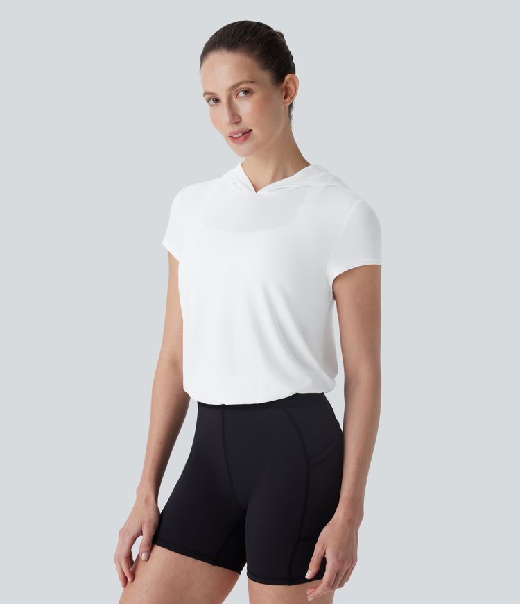 Yoga-Sport-Top mit Kapuze und kurzen Ärmeln und Cut-Out