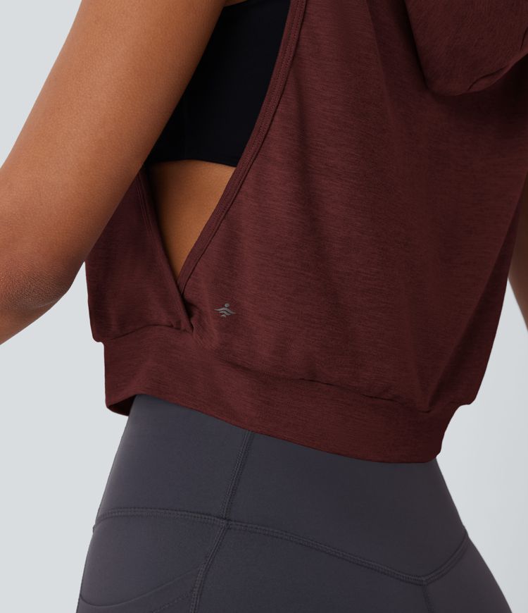 Hooded Drawstring Sleeveless Cropped Running Tank Top