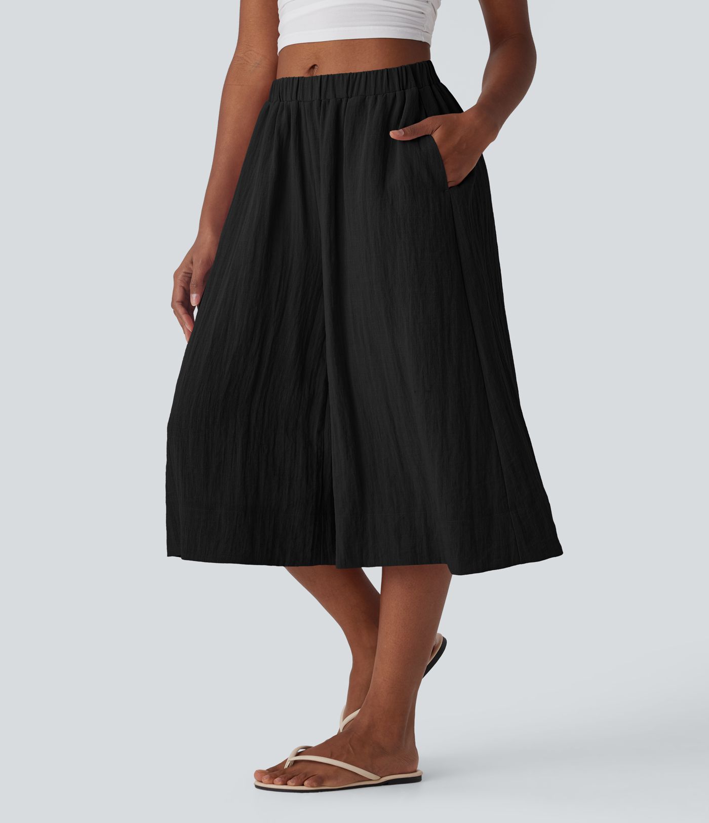 Mid Rise Women Wide Leg Baggy Flowy Linen-Feel Pants with Pocket