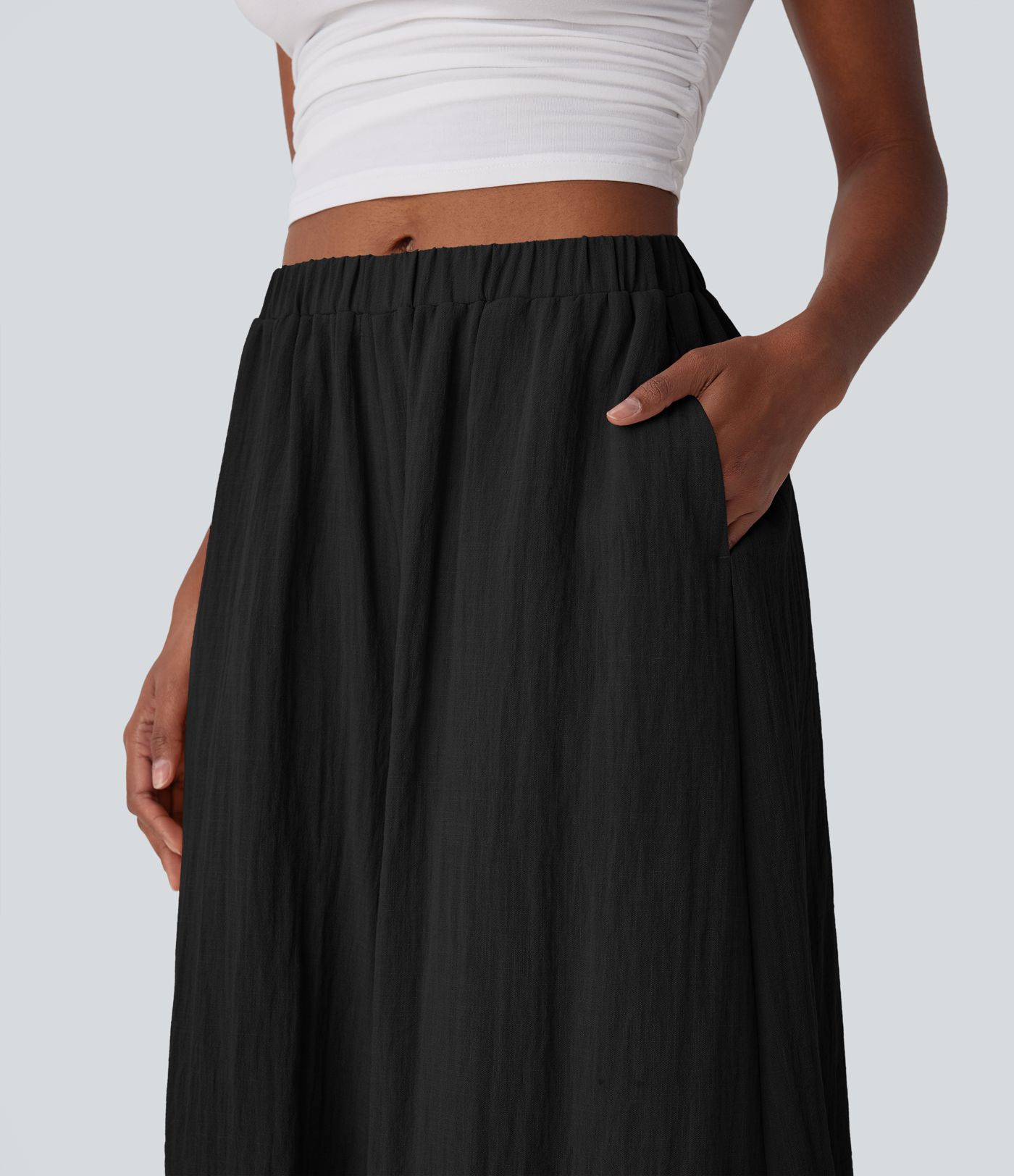 Mid Rise Women Wide Leg Baggy Flowy Linen-Feel Pants with Pocket