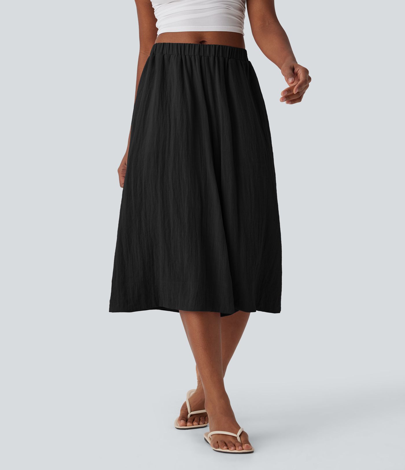 Mid Rise Women Wide Leg Baggy Flowy Linen-Feel Pants with Pocket